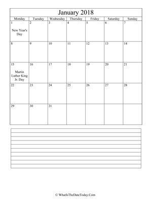 january 2018 calendar editable with notes (vertical)