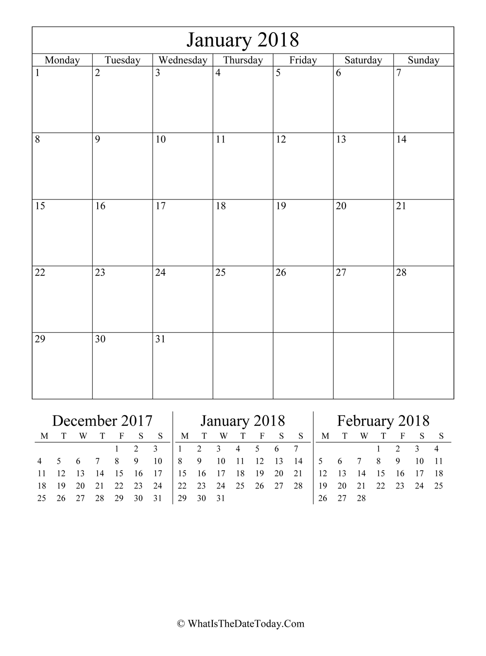 january 2018 editable calendar with three mini calendars in vertical layout
