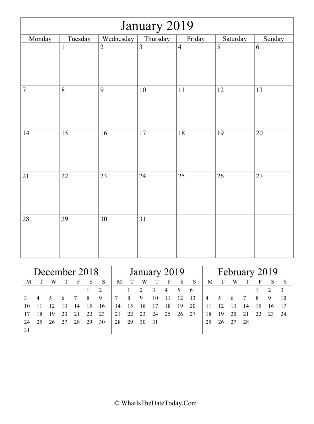 january 2019 editable calendar with three mini calendars in vertical layout
