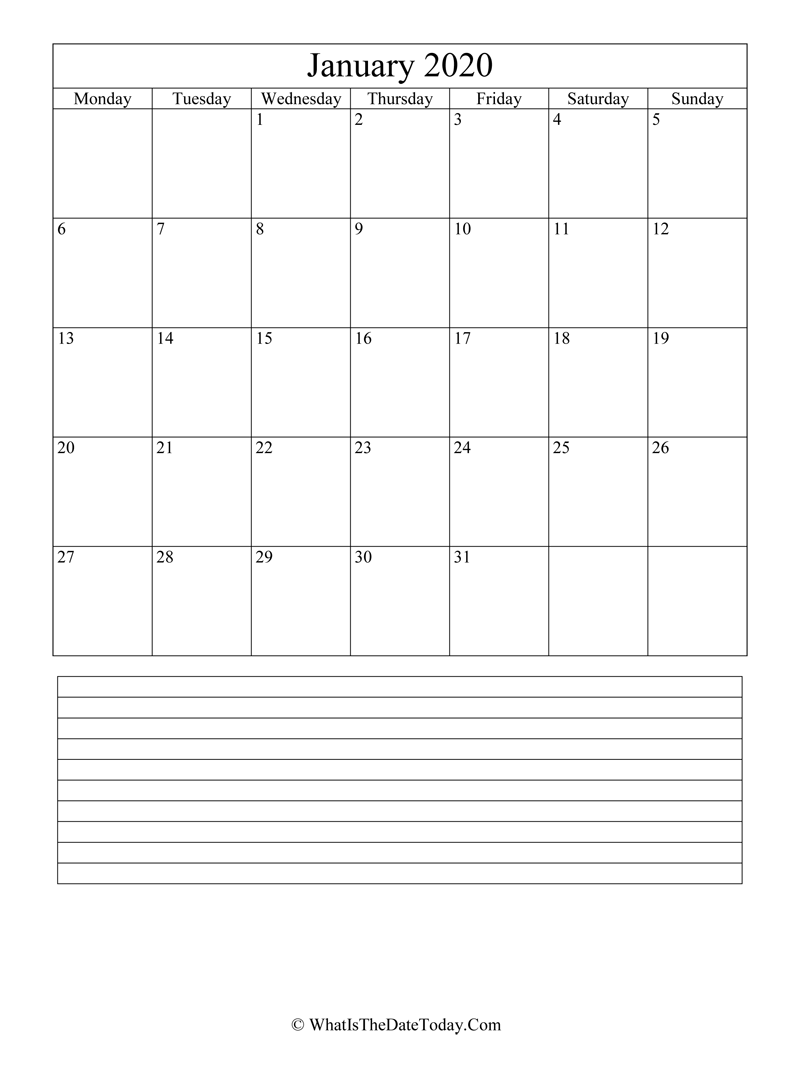 january 2020 calendar editable with notes in vertical layout
