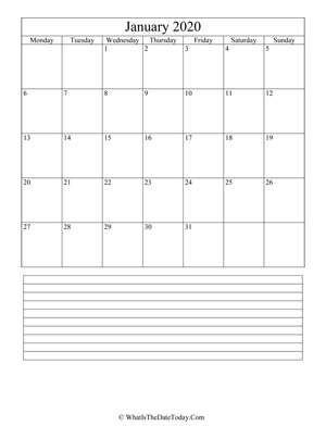 january 2020 calendar editable with notes