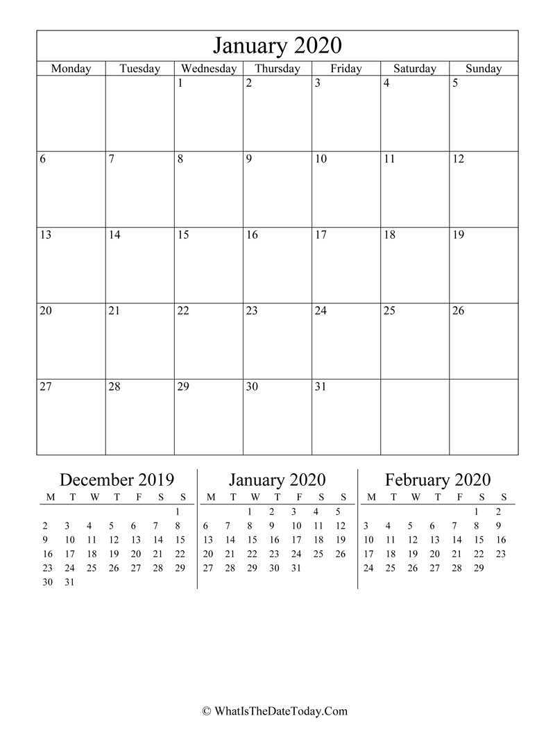 january 2020 editable calendar with three mini calendars in vertical layout