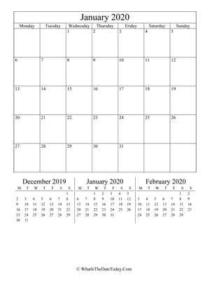 january 2020 editable calendar (vertical) with three mini months