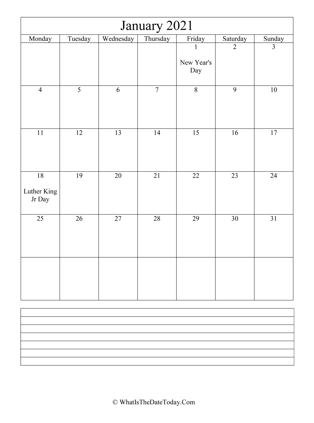 january 2021 calendar editable with notes in vertical layout