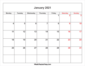 january 2021 calendar with weekend highlight