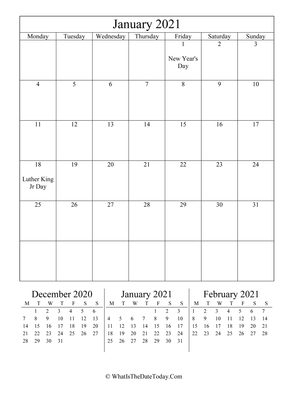 january 2021 editable calendar with three mini calendars in vertical layout