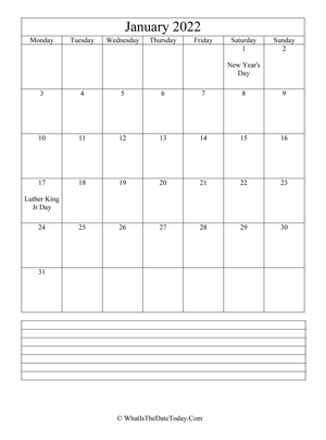 january 2022 calendar editable with notes