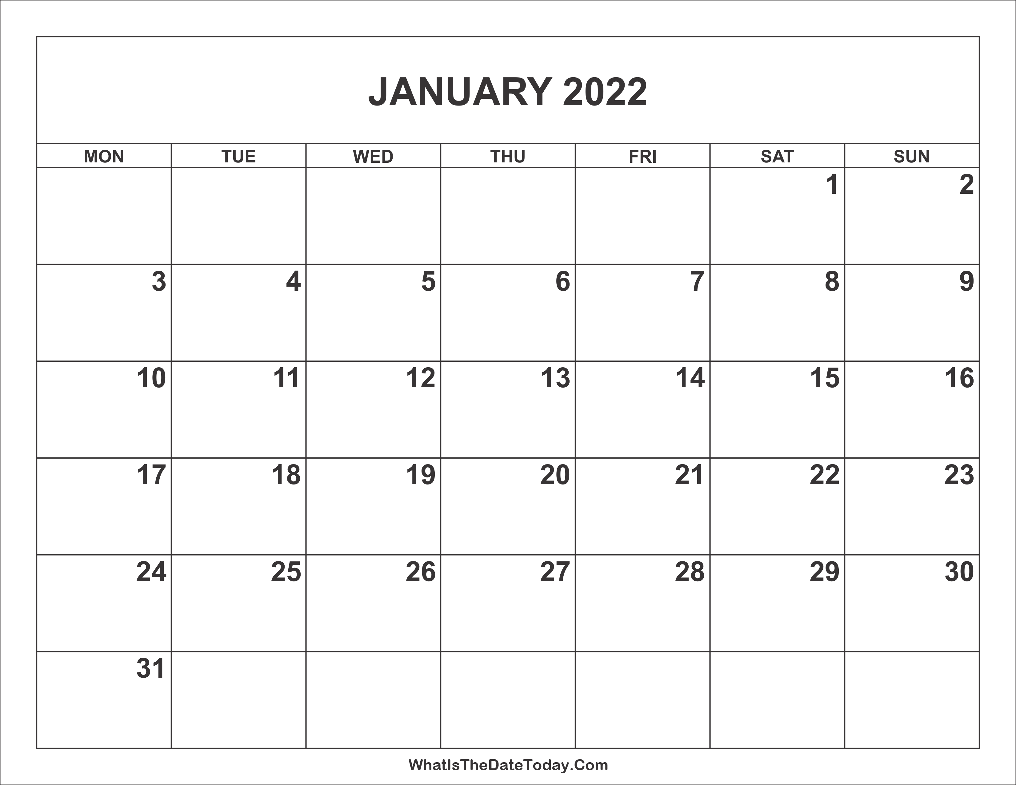 January 2022 Calendar Whatisthedatetoday Com