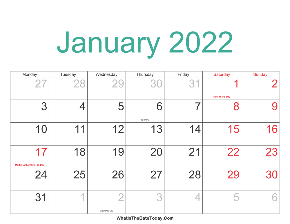 January 2022 Calendar Printable with Holidays