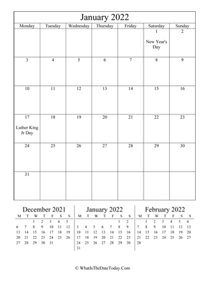 january 2022 editable calendar (vertical) with three mini months