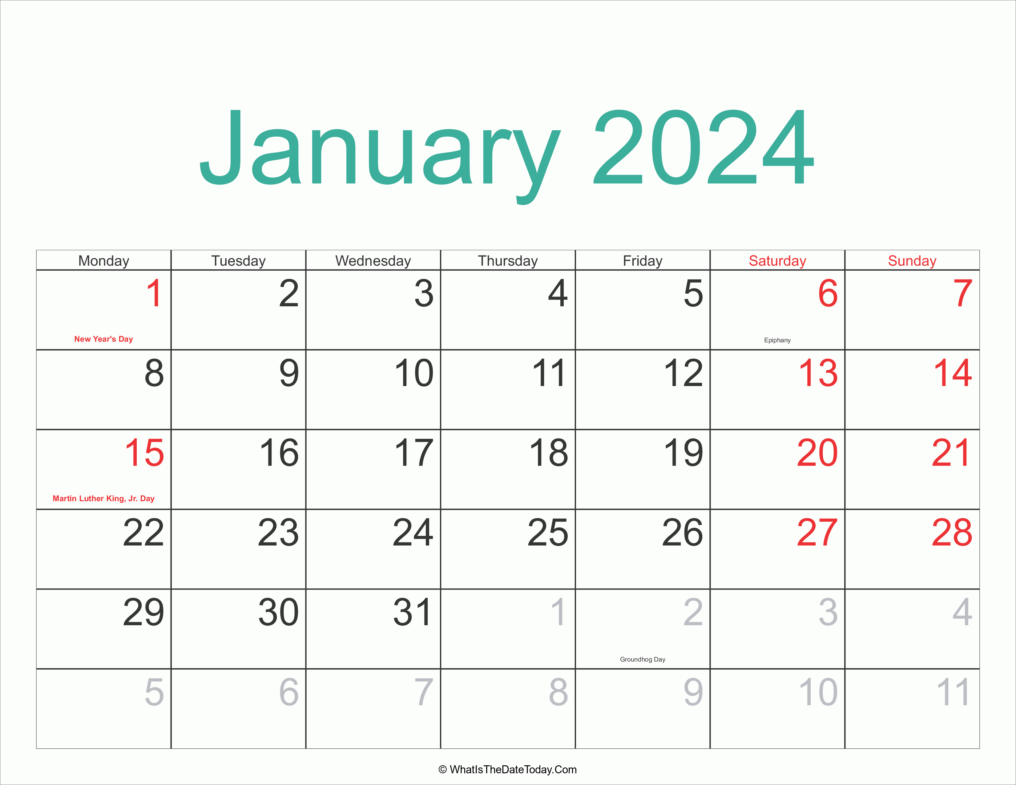 January 2024 Calendar Printable with Holidays | Whatisthedatetoday.Com