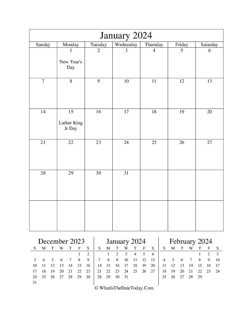 january 2024 editable calendar with three mini calendars in vertical layout