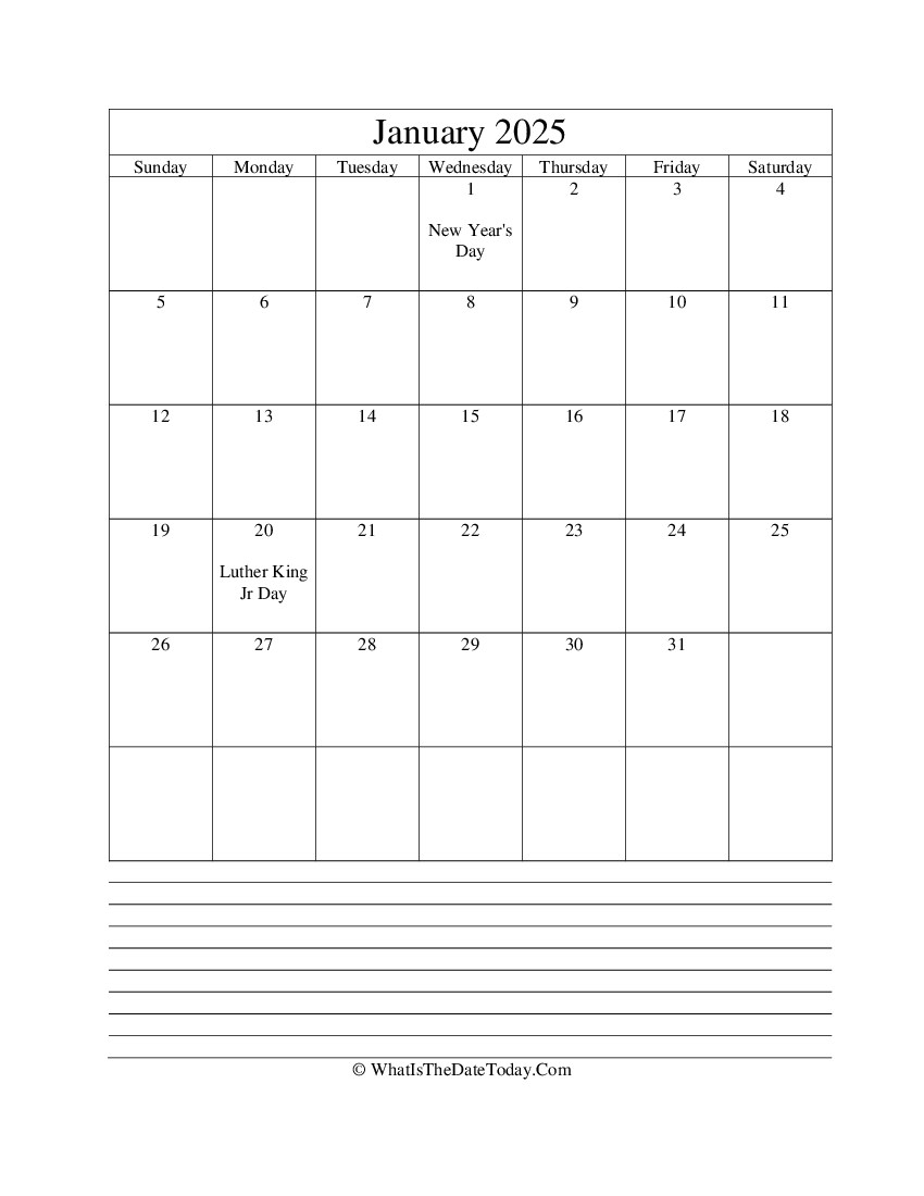 january 2025 calendar editable with notes in vertical layout