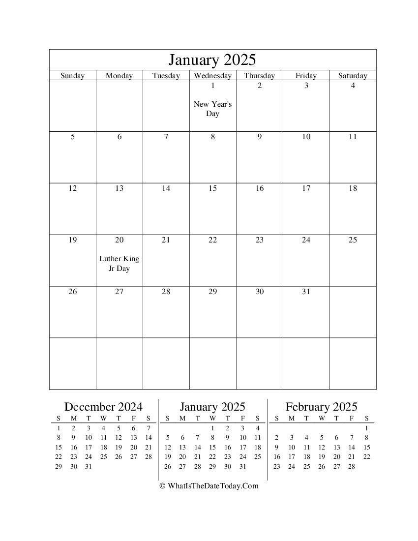 january 2025 editable calendar with three mini calendars in vertical layout