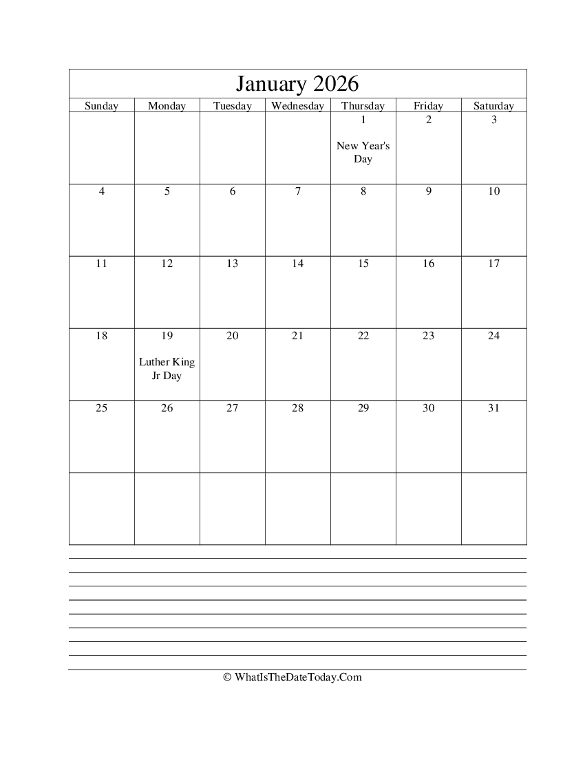 january 2026 calendar editable with notes in vertical layout