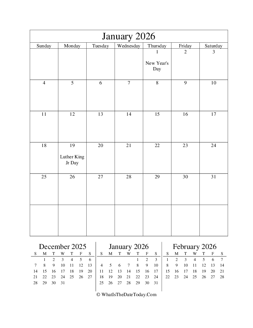 january 2026 editable calendar with three mini calendars in vertical layout