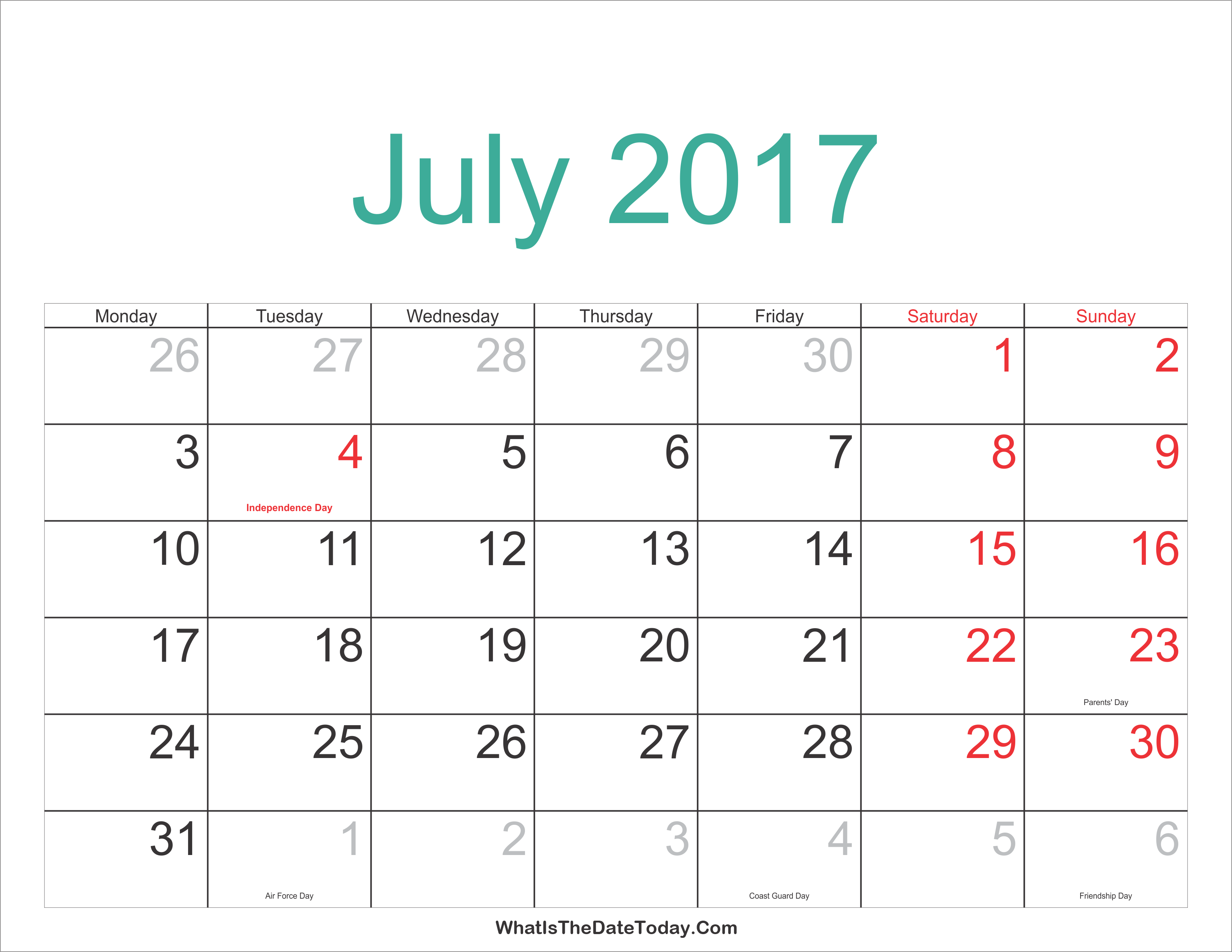 calendar july 2017