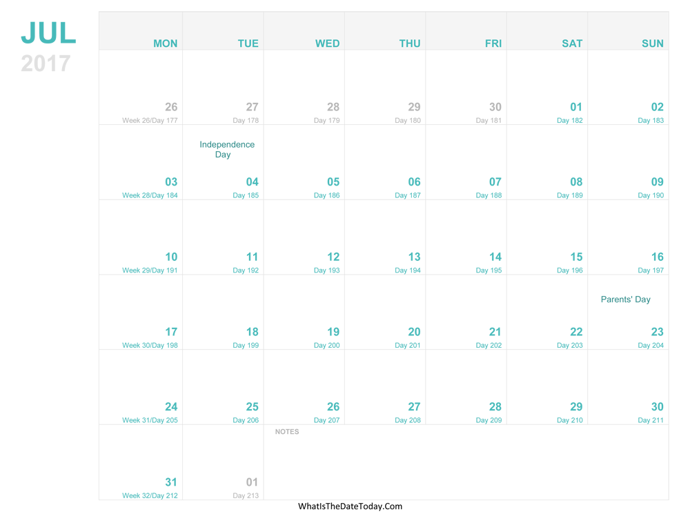 july 2017 Editable Calendar
