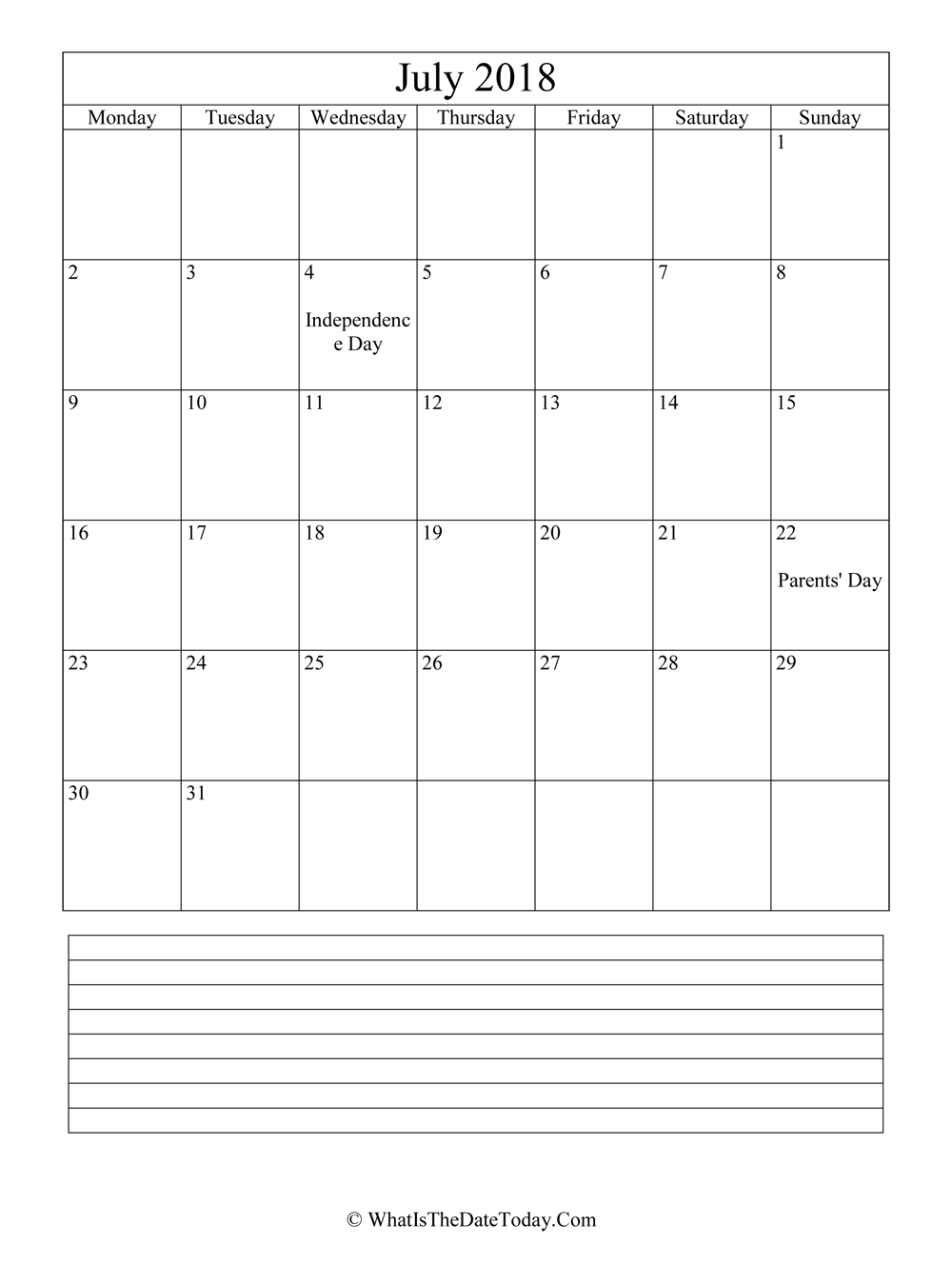 july 2018 calendar editable with notes in vertical layout