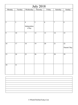 july 2018 calendar editable with notes