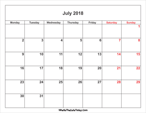 july 2018 calendar with weekend highlight