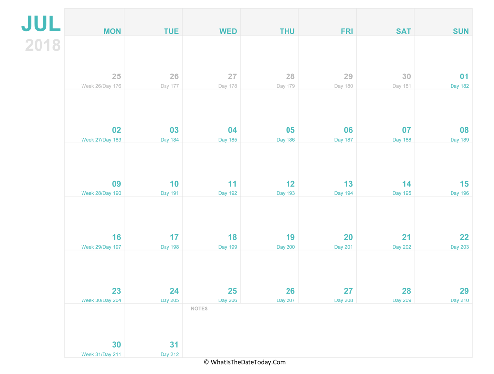 july 2018 Editable Calendar