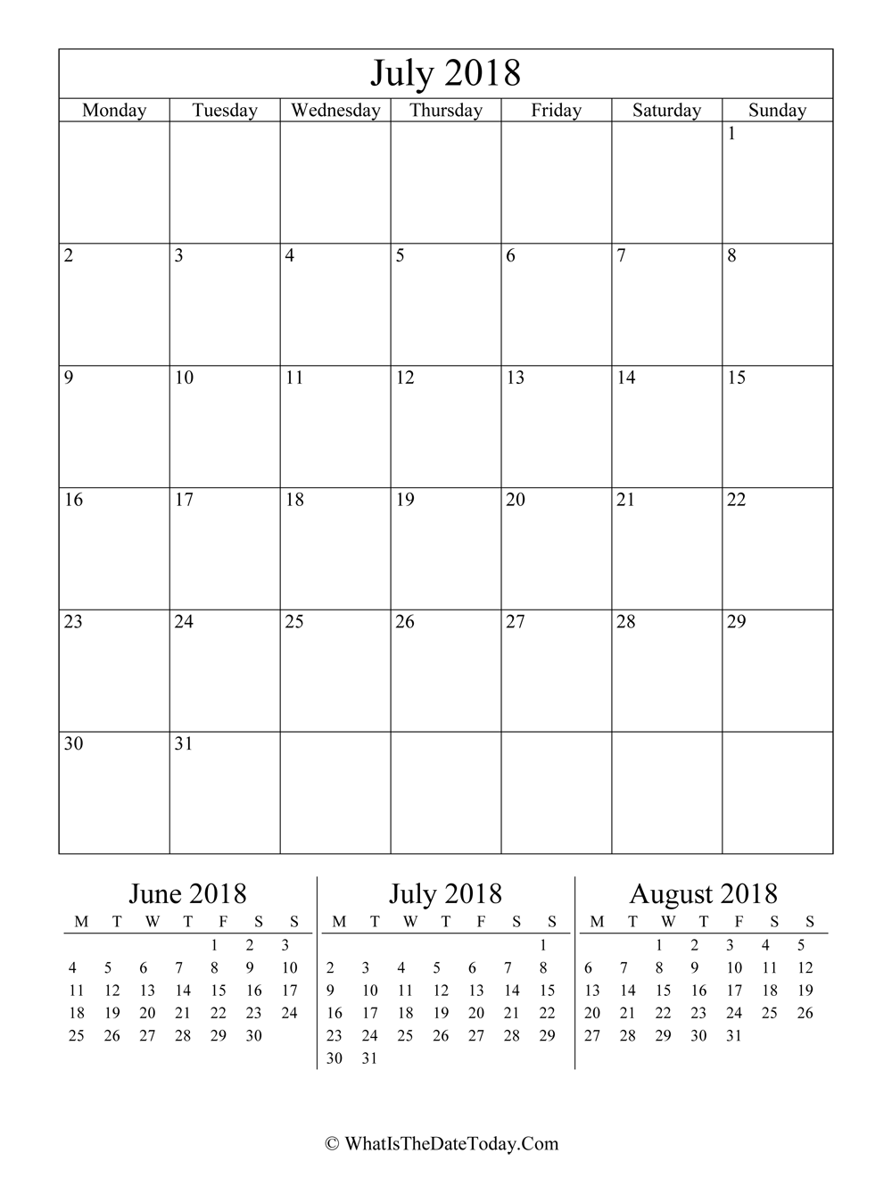 july 2018 editable calendar with three mini calendars in vertical layout