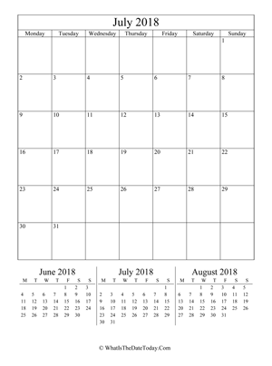 july 2018 editable calendar (vertical) with three mini months