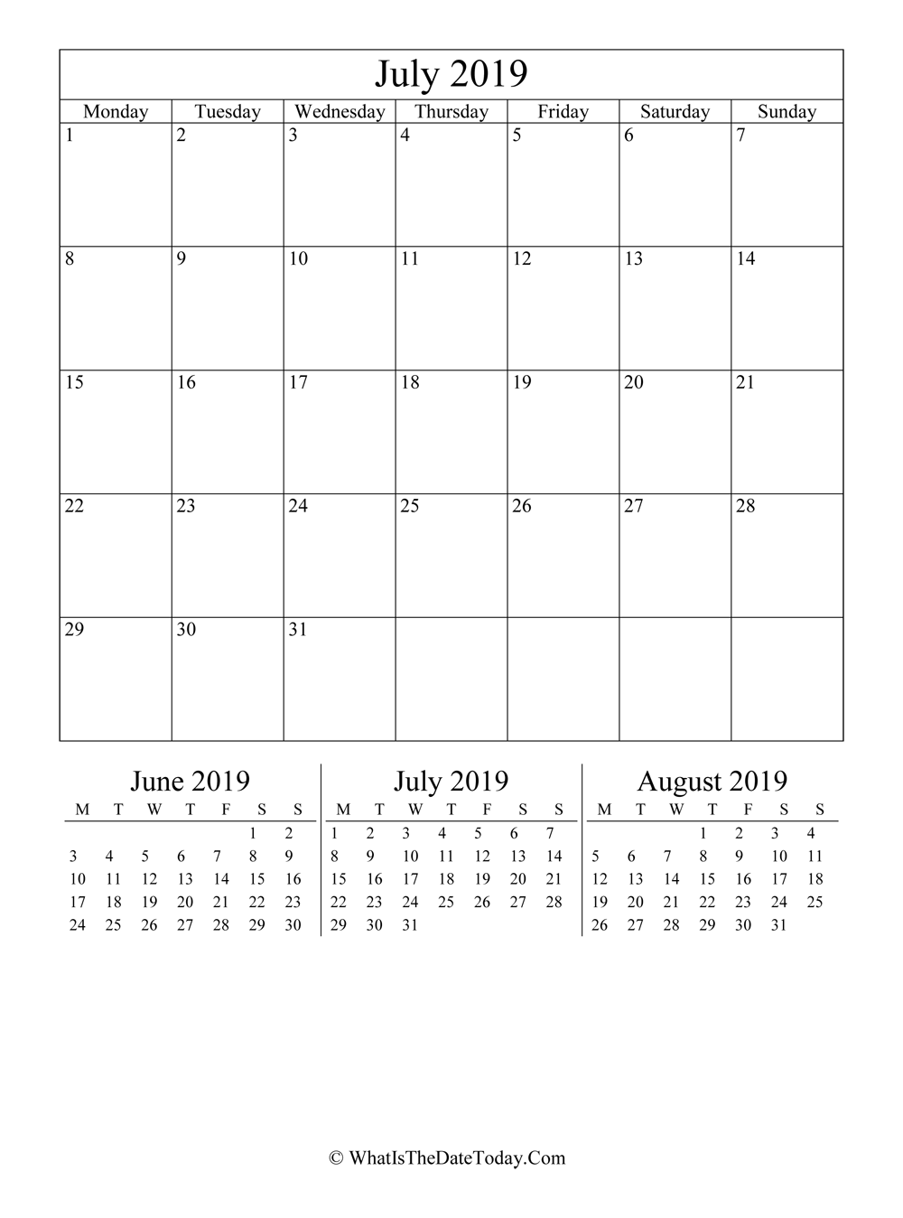july 2019 editable calendar with three mini calendars in vertical layout