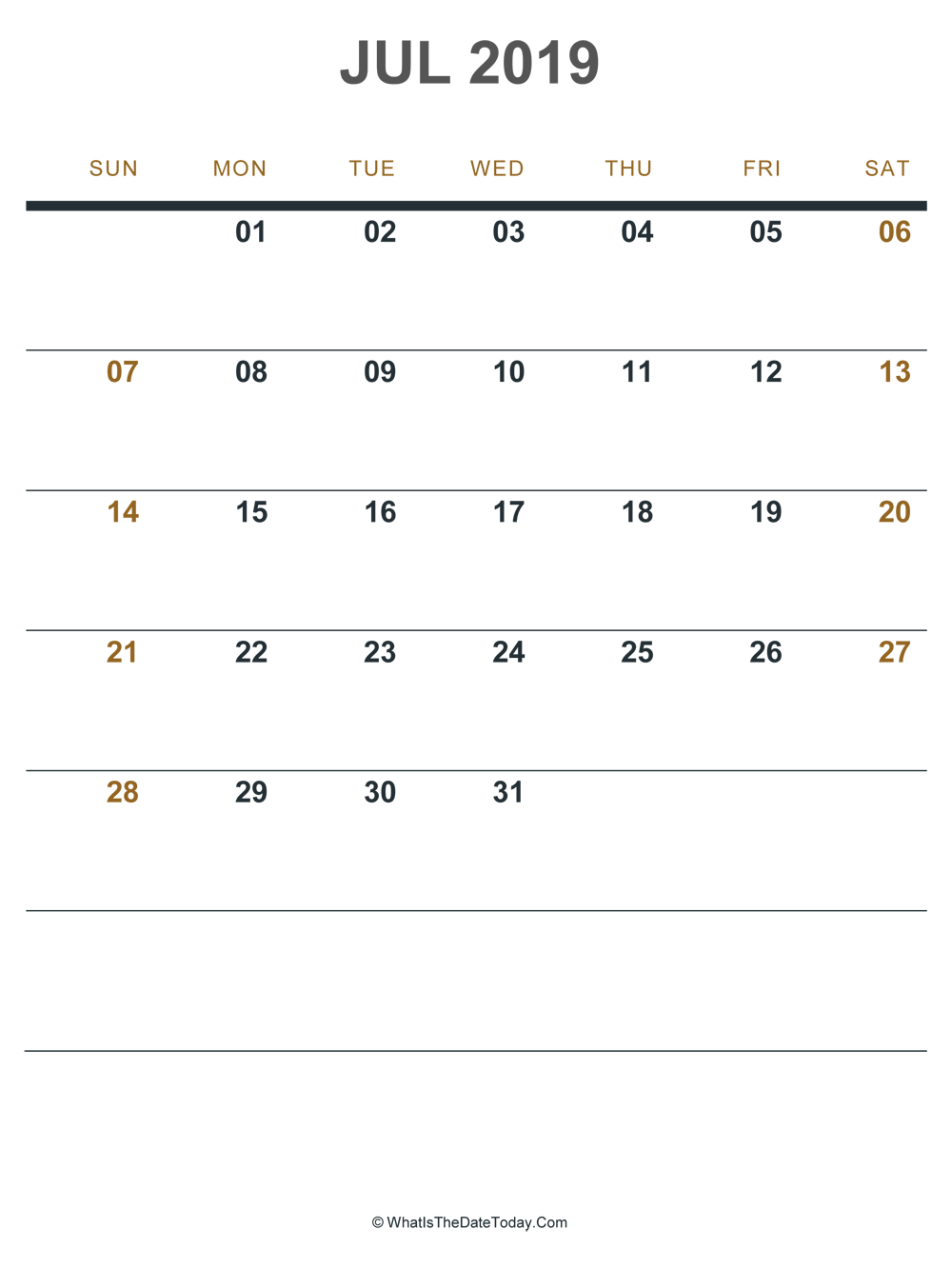 july 2019 printable calendar (portrait layout)