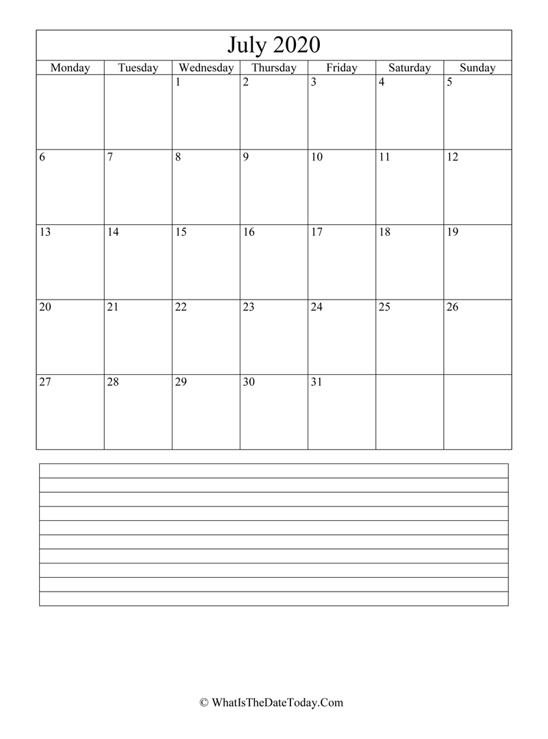 july 2020 calendar editable with notes in vertical layout
