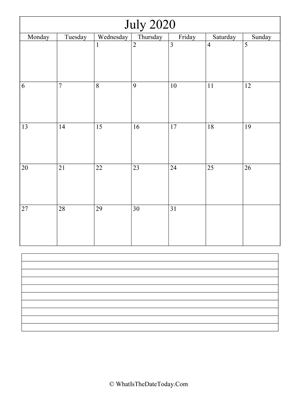 july 2020 calendar editable with notes