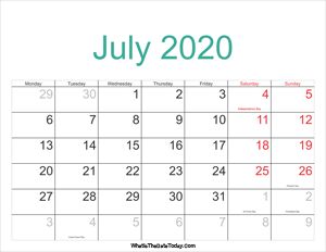 july 2020 calendar printable with holidays