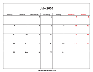 july 2020 calendar with weekend highlight