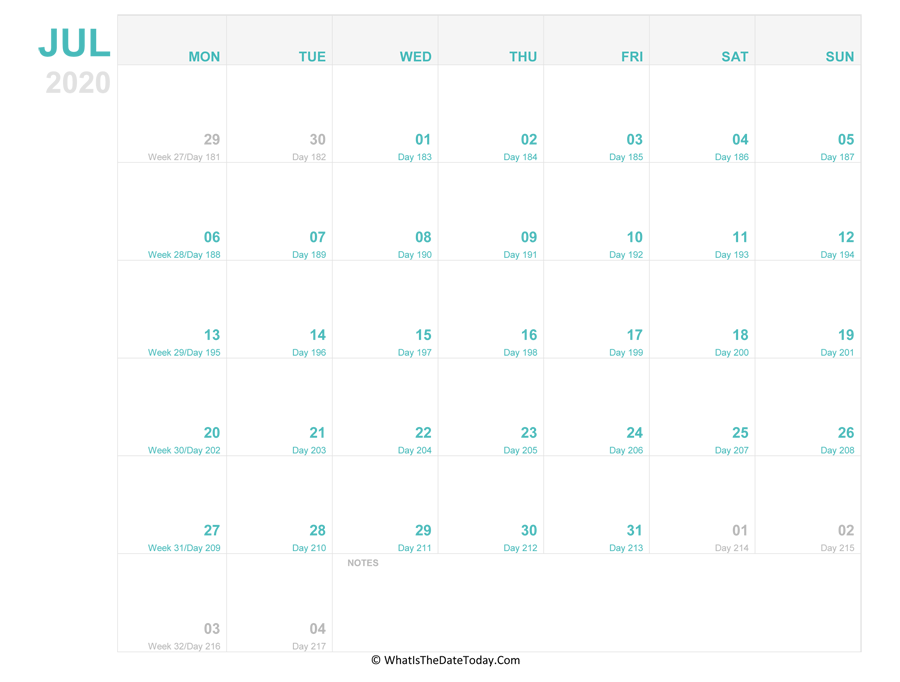 july 2020 Editable Calendar