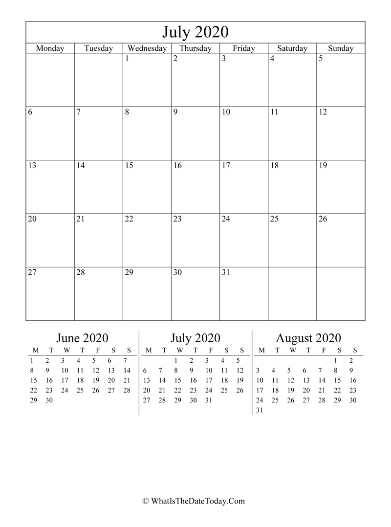 july 2020 editable calendar with three mini calendars in vertical layout