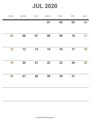 july 2020 printable calendar