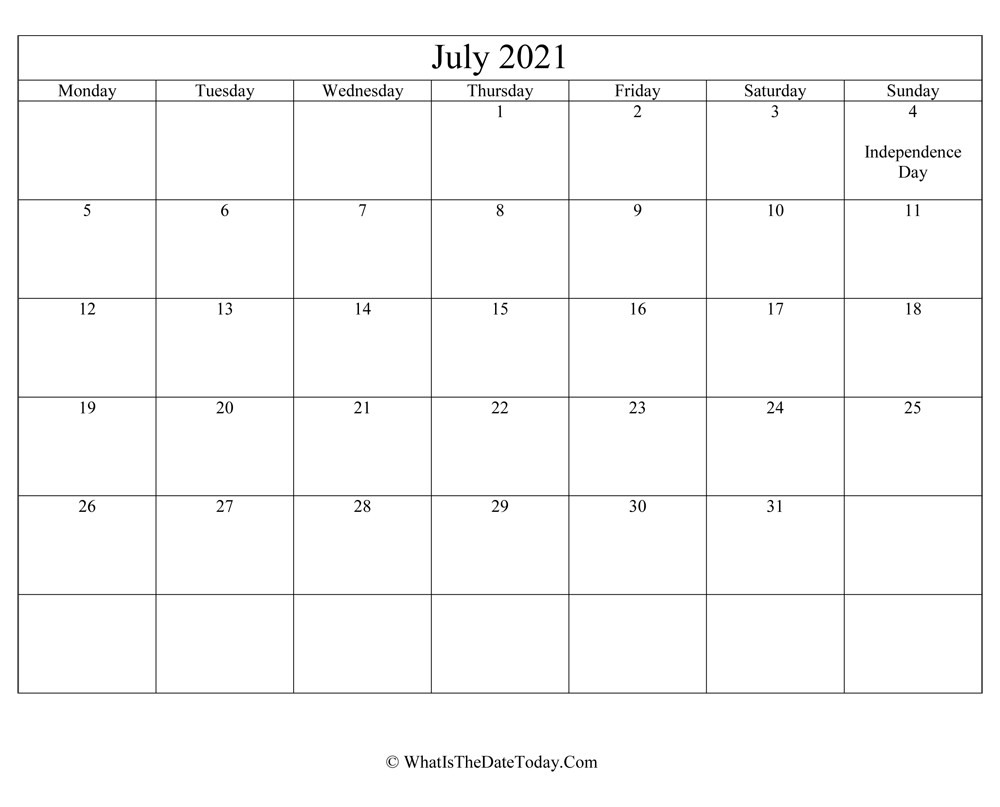 july 2021 Editable Calendar