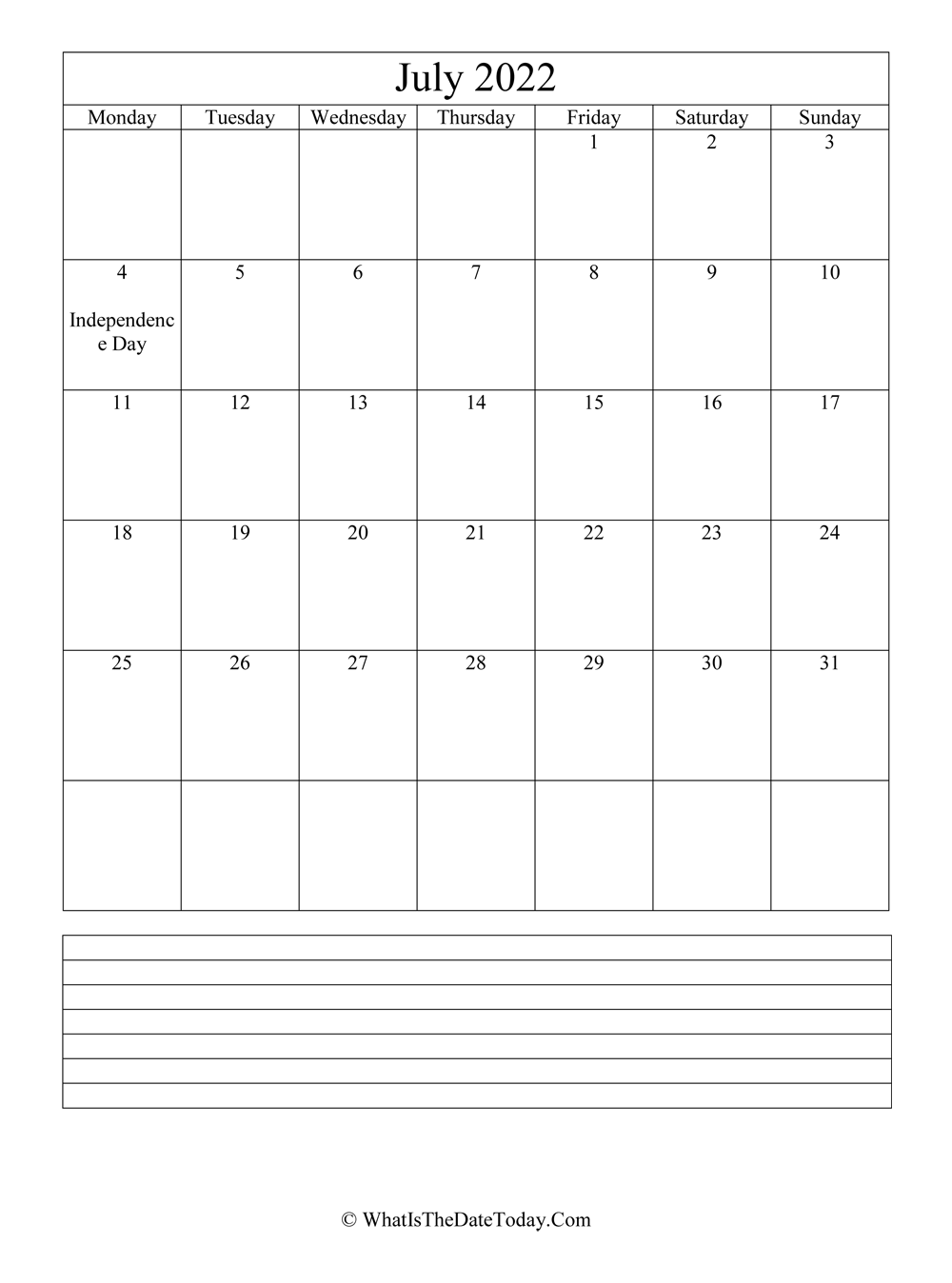 july 2022 calendar editable with notes in vertical layout
