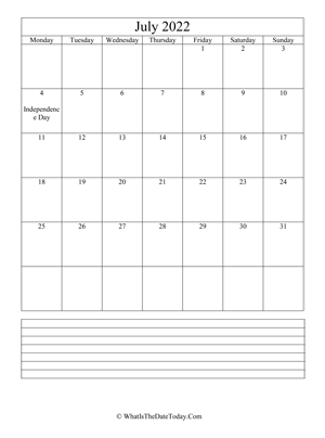 july 2022 calendar editable with notes