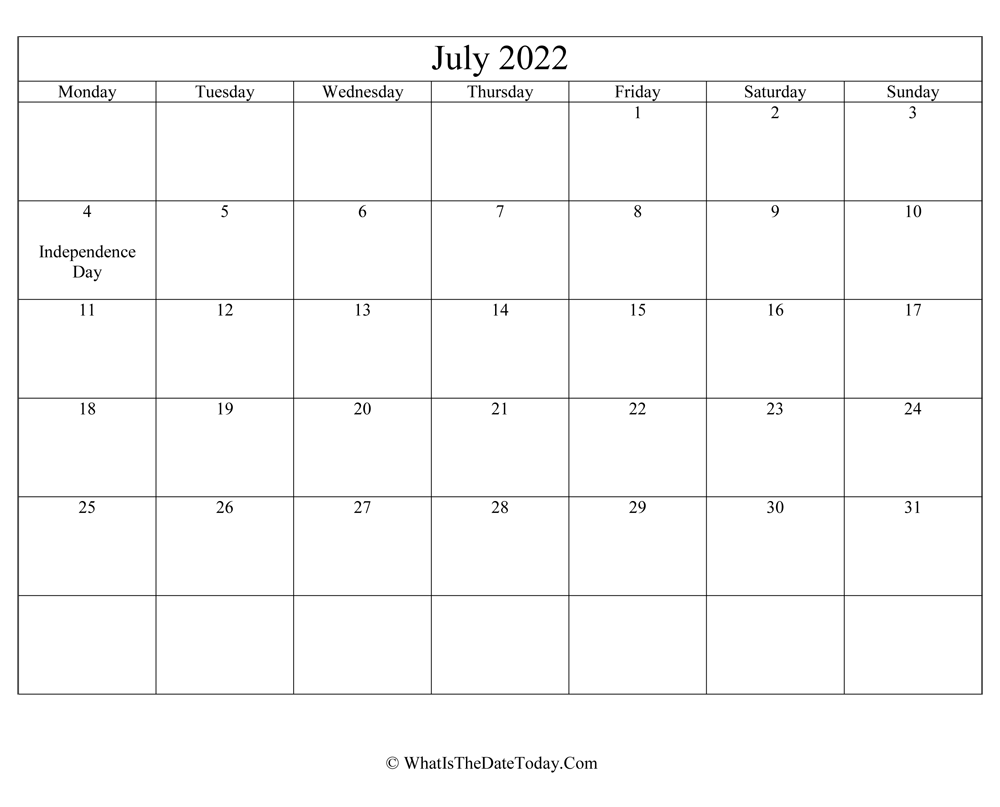 july 2022 Editable Calendar