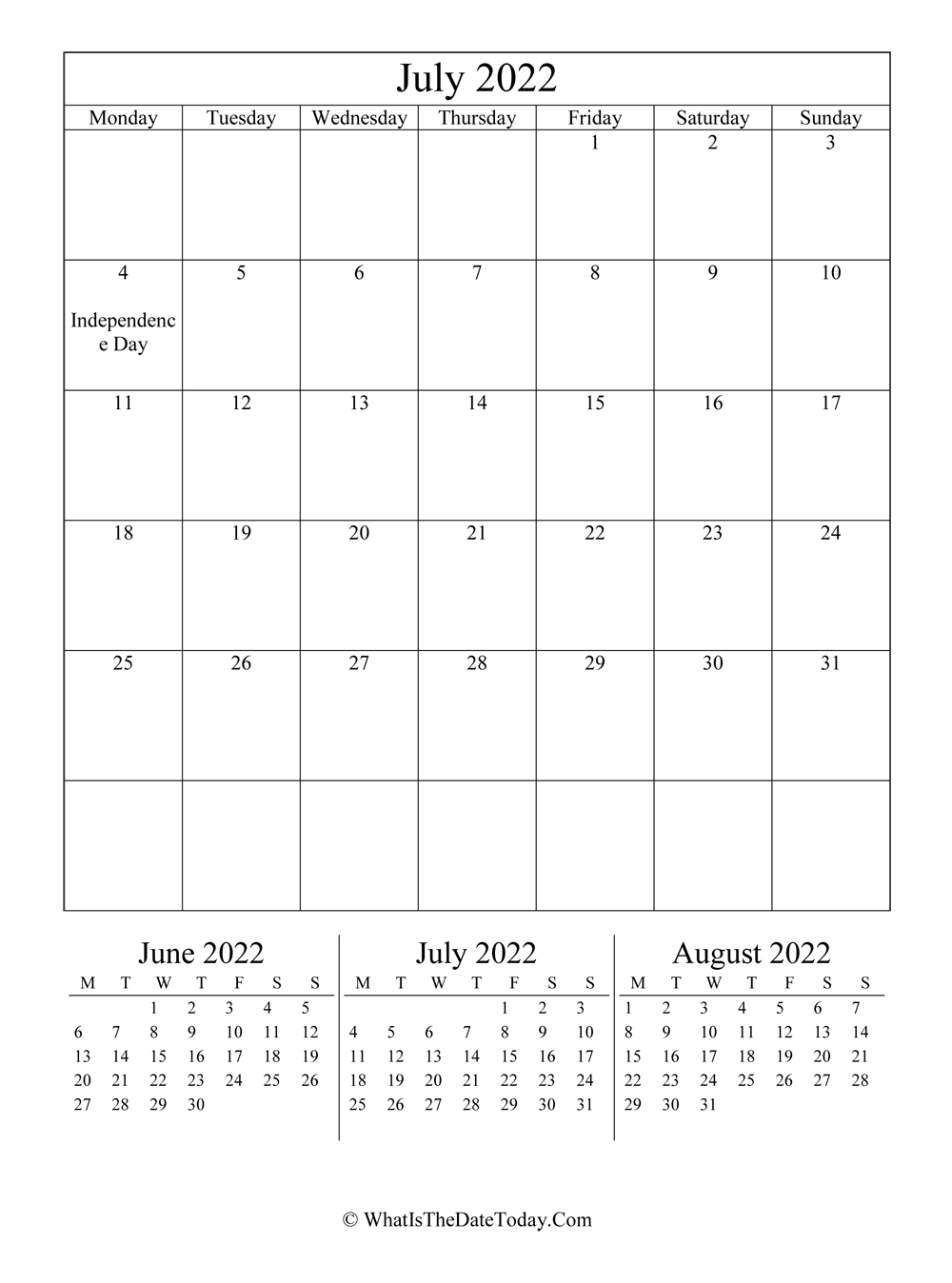 july 2022 editable calendar with three mini calendars in vertical layout