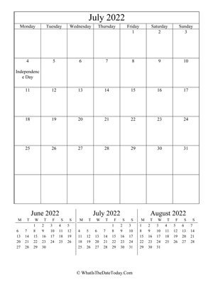 july 2022 editable calendar (vertical) with three mini months