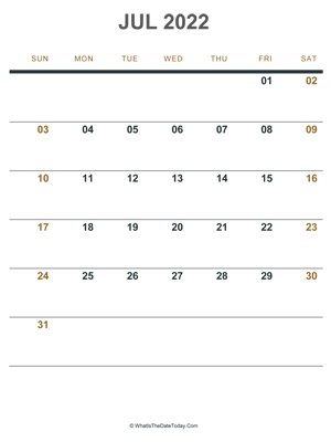 july 2022 printable calendar