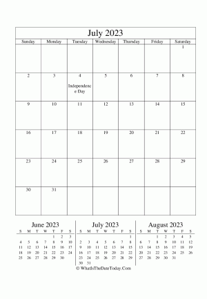 july 2023 editable calendar (vertical) with three mini months