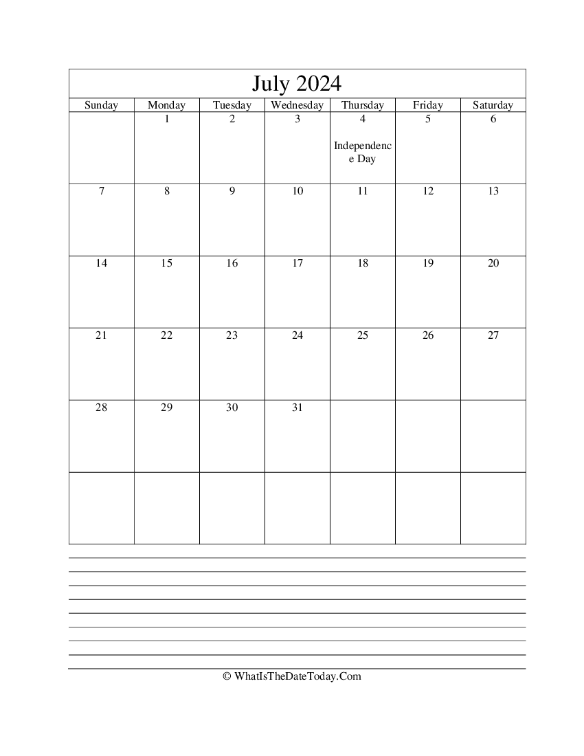 july 2024 calendar editable with notes in vertical layout