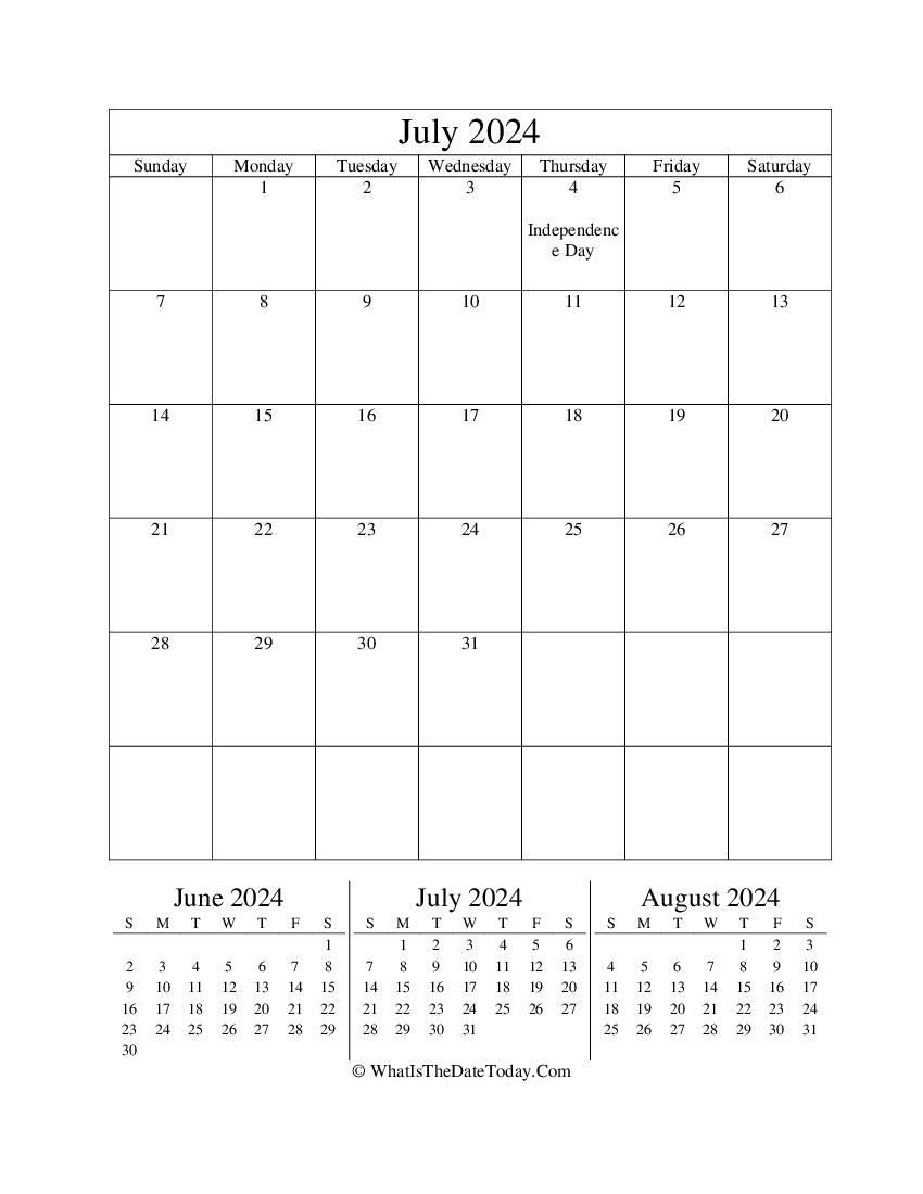 july 2024 editable calendar with three mini calendars in vertical layout