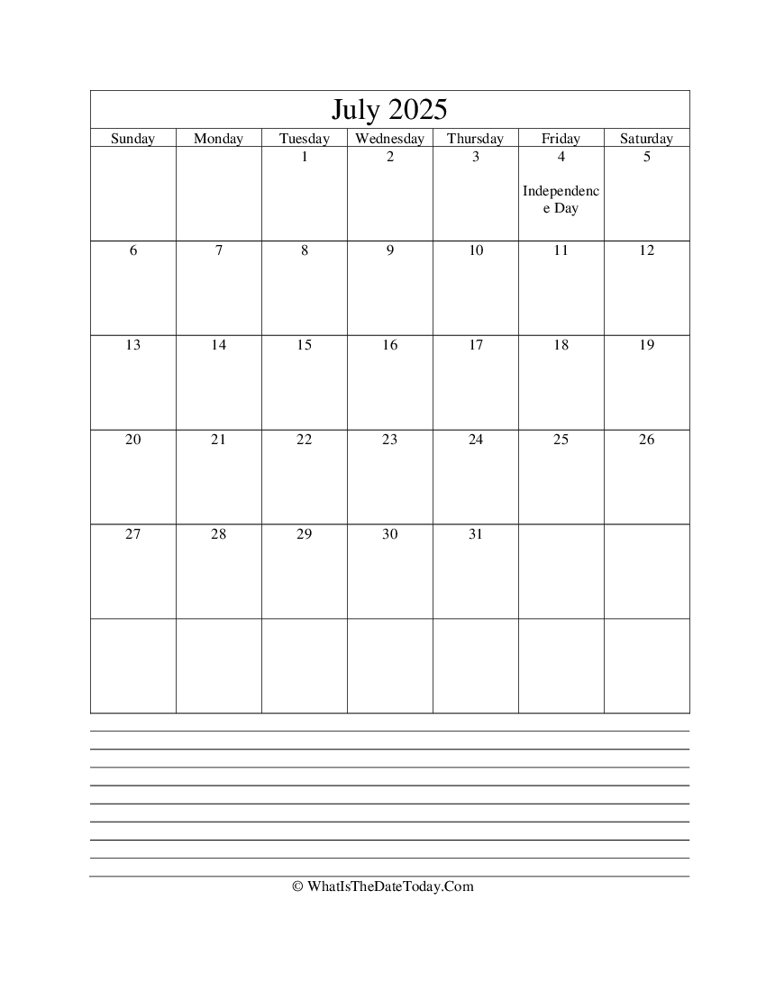 july 2025 calendar editable with notes in vertical layout