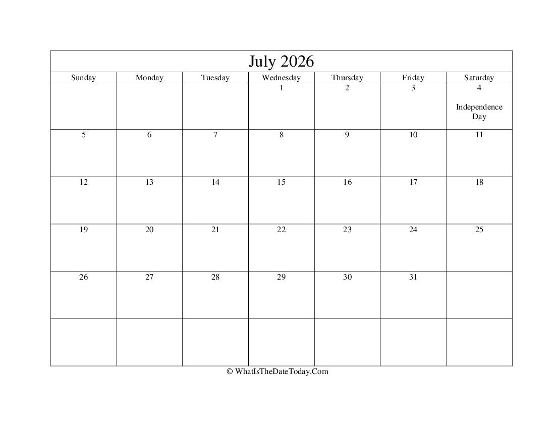 july 2026 Editable Calendar
