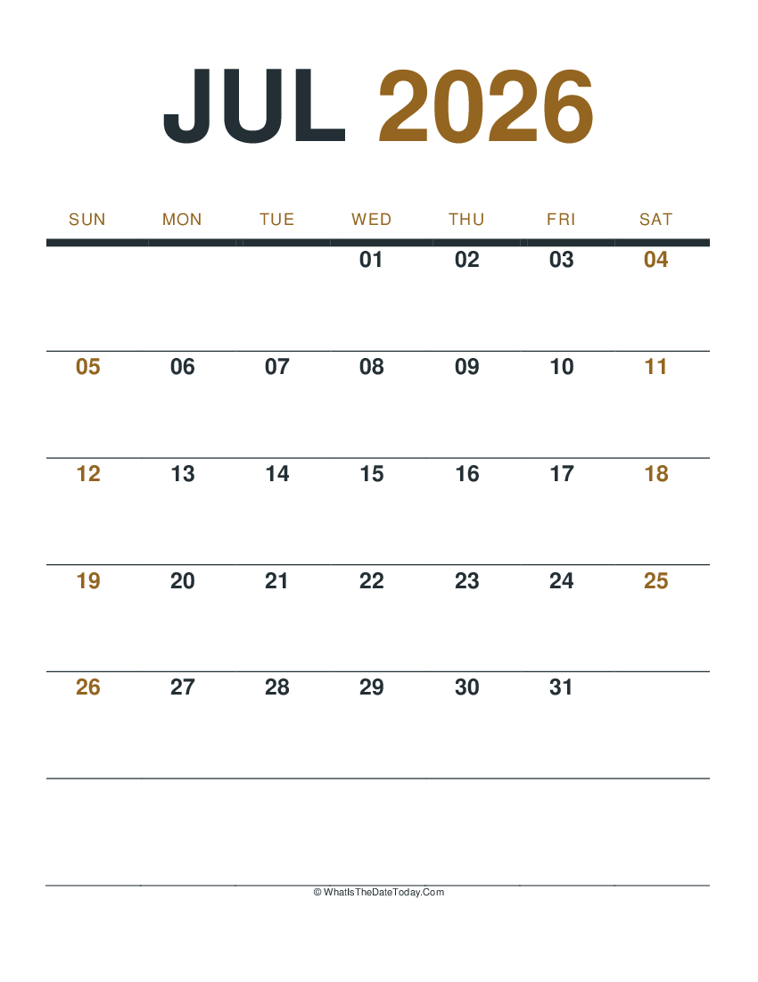 july 2026 printable calendar (portrait layout)